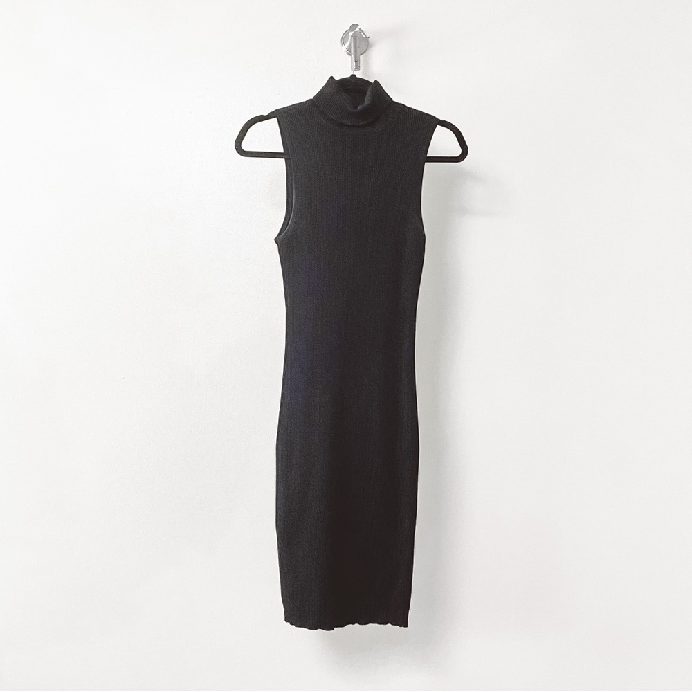 Shinestar Winter Casual Chic Ribbed Knit Sleeveless Turtle Neck Black Midi Dress